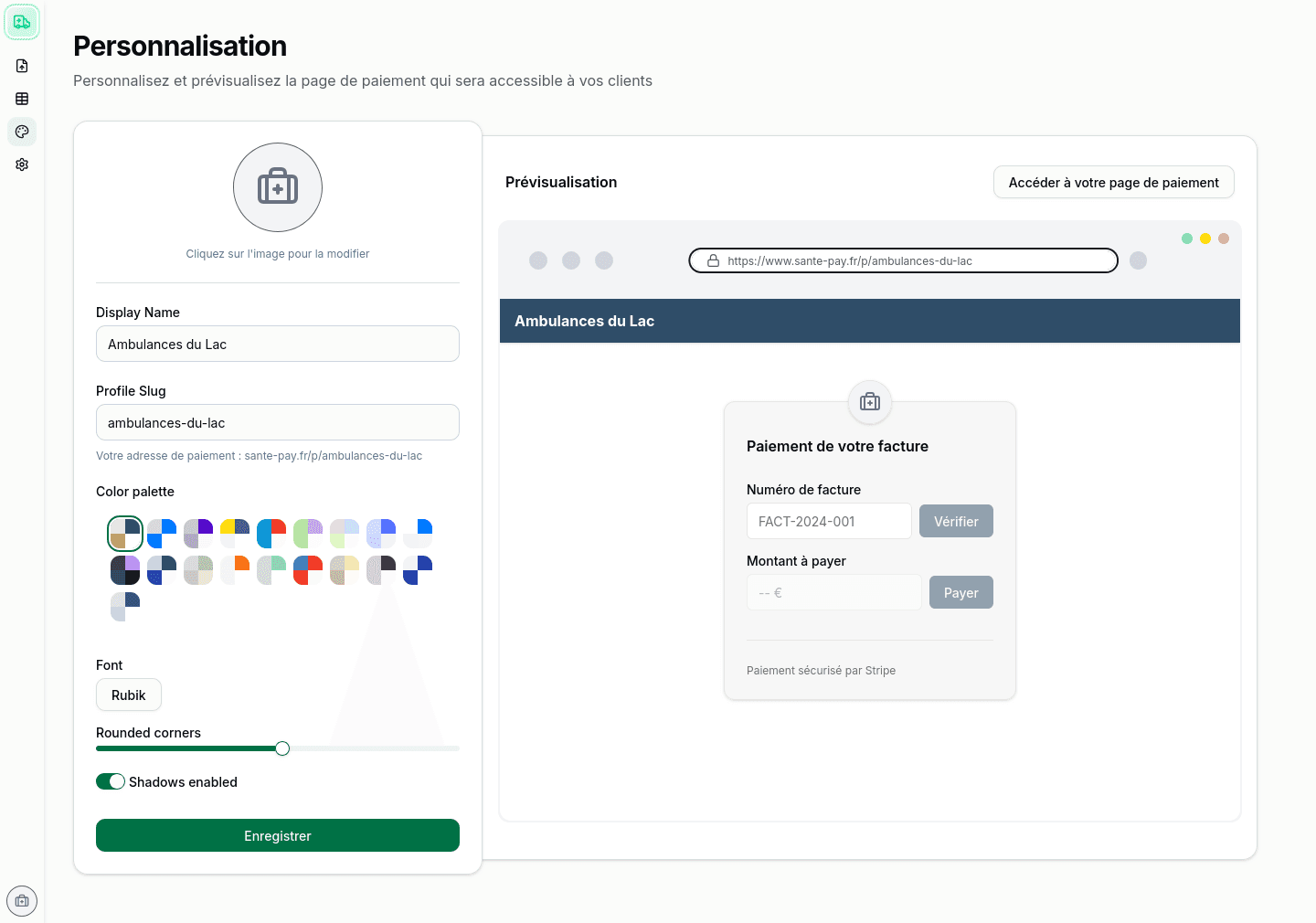 Capture d'écran de la personnalisation du paiement en ligne
