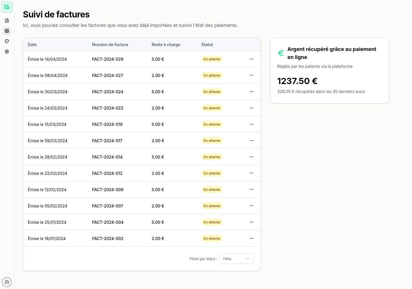 Capture d'écran de la page de suivi des paiements
